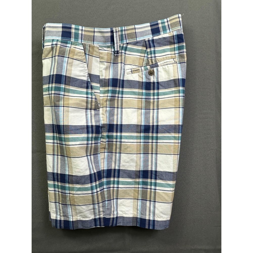 Men's Plaid Flat Front Casual Shorts Blue Tan White Check Cotton Blend size 34